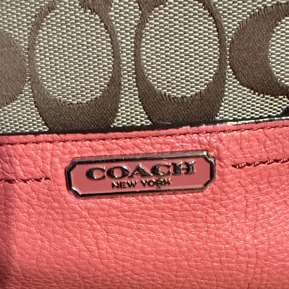 Coach Brown Signature Jacquard Tote with Coral Trim